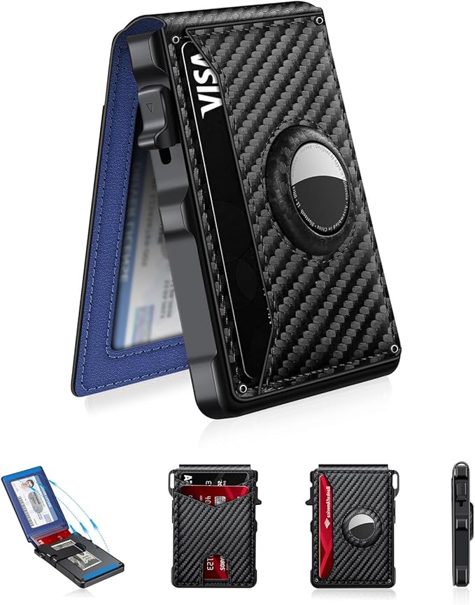 Airtag Wallet for Men, Mens Smart Wallet for Air Tag RFID Blocking, Minimalist Bifold Pop Up Aluminum Credit Card Case Holder 12+ Cards with ID Window, Gift for Men, No Airtag Included, Carbon Blue