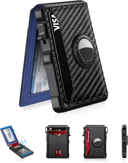 Airtag Wallet for Men, Mens Smart Wallet for Air Tag RFID Blocking, Minimalist Bifold Pop Up Aluminum Credit Card Case Holder 12+ Cards with ID Window, Gift for Men, No Airtag Included, Carbon Blue