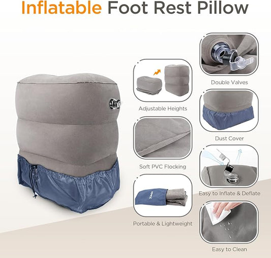 Inflatable Travel Foot Rest Pillow (2-Pack) Adjustable Height Leg Pillow Fast Inflating Airplane Bed for Toddlers Footrest Pillow for Office, Airplane, Train, Cars, Home (Grey)
