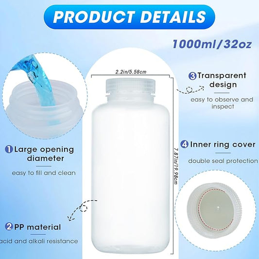 32oz/1000ml Plastic Sample Bottles with caps, Wide Mouth Reagent Bottle with Lids Leak Proof Containers Water Sample Bottles for Laboratories, Travel