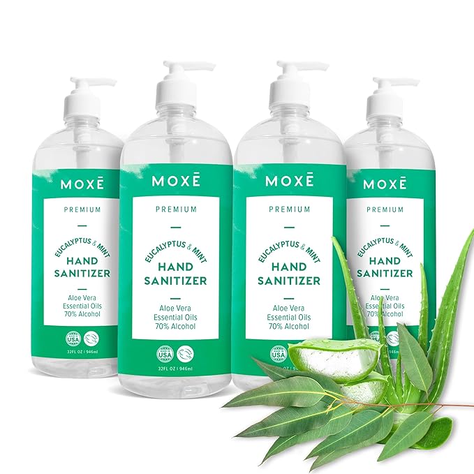 MOXE Premium Eucalyptus & Mint Hand Sanitizer Value Pack - Calming Moisturizing Waterless Antiseptic Cleanser with 70% Ethyl Alcohol, Aloe Vera & Essential Oils - Fights Germs & Bacteria - 4 x 32oz