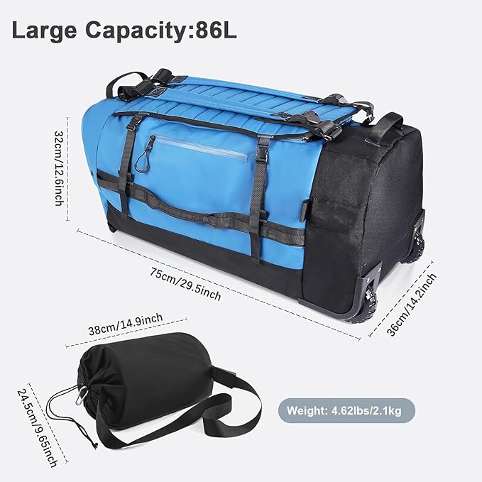 Rolling Duffle Bag with Wheels,86L 30”Carry on Luggage with Wheels,Folding Travel Bag,Duffle Backpack with Separate Shoe Compartment (blue)