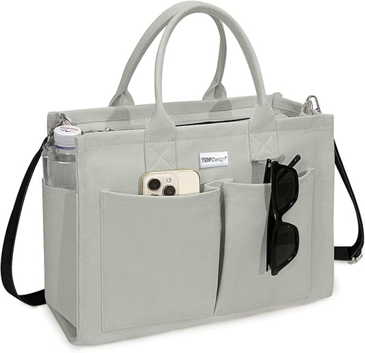 TOPDesign Heavy-Duty Canvas Tote Bag for Women, Adjustable Crossbody/Shoulder Handbag with 9 Pockets, Everything Tote