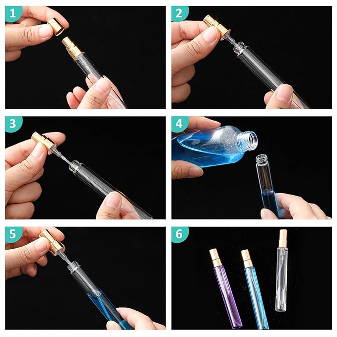 Zhehao 10 Pcs Mini Spray Bottles 10 ml Clear Glass Perfume Bottles Refillable Fine Mist Perfume Atomizer Portable Empty Sample Containers for Cleaning, Essential Oils, Travel (Gold Cap)