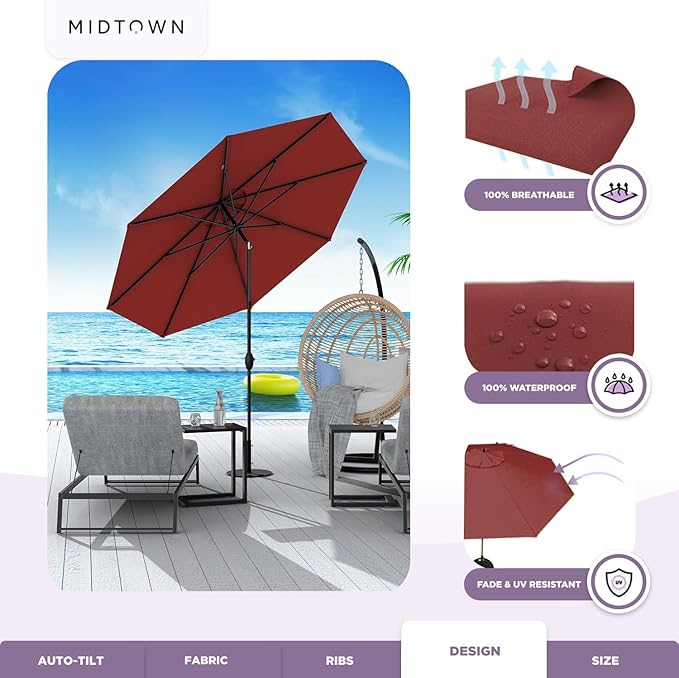 Midtown Umbrellas 10-Year-No-Fade - 6 Ft - UV Proof Burgundy Polyester Fabric - Umbrella Outdoor Patio, Auto-Tilt Aluminum Frame Large Patio Umbrella for Garden, Pool & Deck - Black Pole