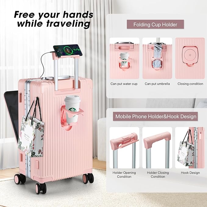 MRPLUM Front Pocket Carry On Luggage,PC Hardside Spinner Wheel Suitcase with TSA Lock,Cup Holder,Phone Holder&USB Charging Port,Pink(1 Piece)