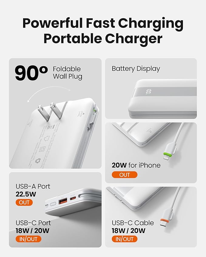 Fast Charging Power Bank, USB C Portable Charger Built-in Cables and Wall Plug, 10500mAh 22.5W 4 Outputs 3 Inputs LED Display External Battery Pack Compatible with iPhone/Android (White)