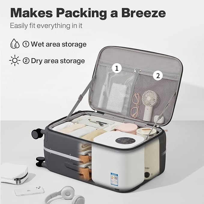 mixi 24 Inch Checked Luggage PC Hard Shell Suitcase Top Opening Aluminum Frame Travel Suitcases with Wheels, Rock Gray