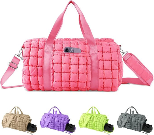 Quilted Travel Duffle Bag Gym Bag for Women,Large Puffer Duffle Weekender Bag with Compartment,Workout Overnight Carry on Organizer Bag Duffle Bag for Airplane Travel(L-Pink)