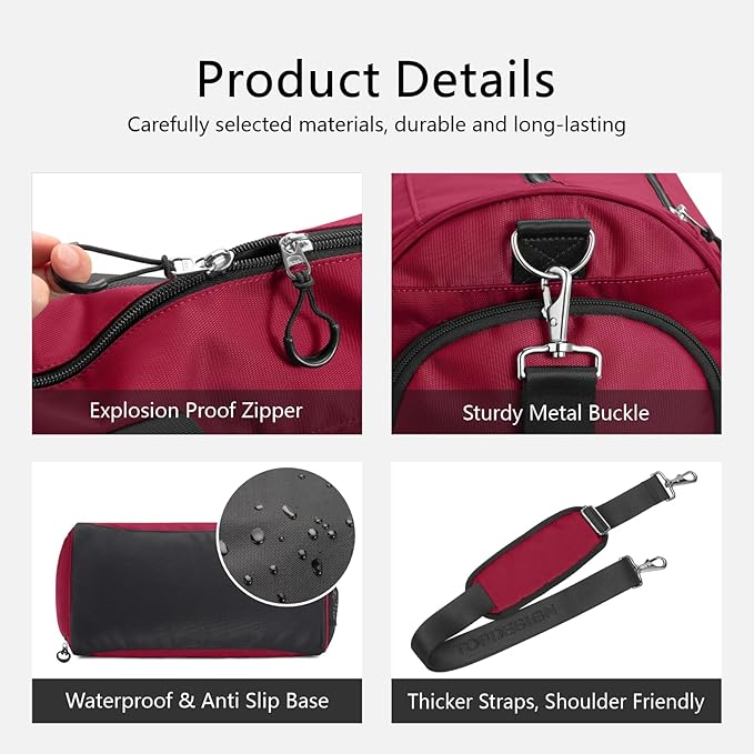 TOPDesign Gym Bag for Women & Men, Unisex Duffel Bag with Shoe Compartment & Wet Pocket for Travel Sports Gym (M Red)