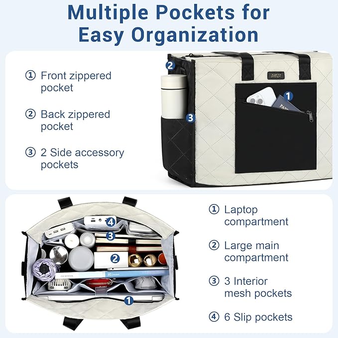 IBFUN Utility Tote Bag with 14/24 Pockets Zip Top Teacher Tote Bag for Teacher/Work Women