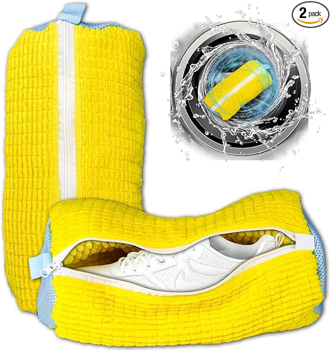 Shoe Washing Machine Bag Laundry Shoe Bag for Washer and Dryer Reusable 2pcs Yellow Shoe Cleaning Bags 360° Deep Cleaning Machine for All Shoes Types With Self-locking Zipper