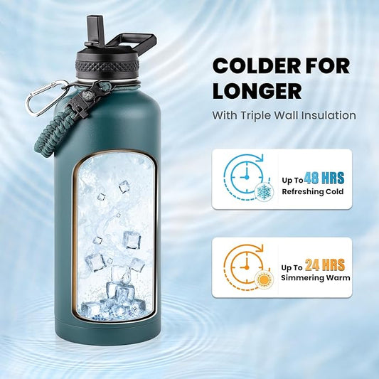 Insulated Water Bottle 87 oz, Triple Wall Vacuum Stainless Steel (Cold for 48 Hrs), Leak Proof & Non-BPA, Modern Water Flask Jug with Paracord Handle & Straw Spout Lids, Dark Green