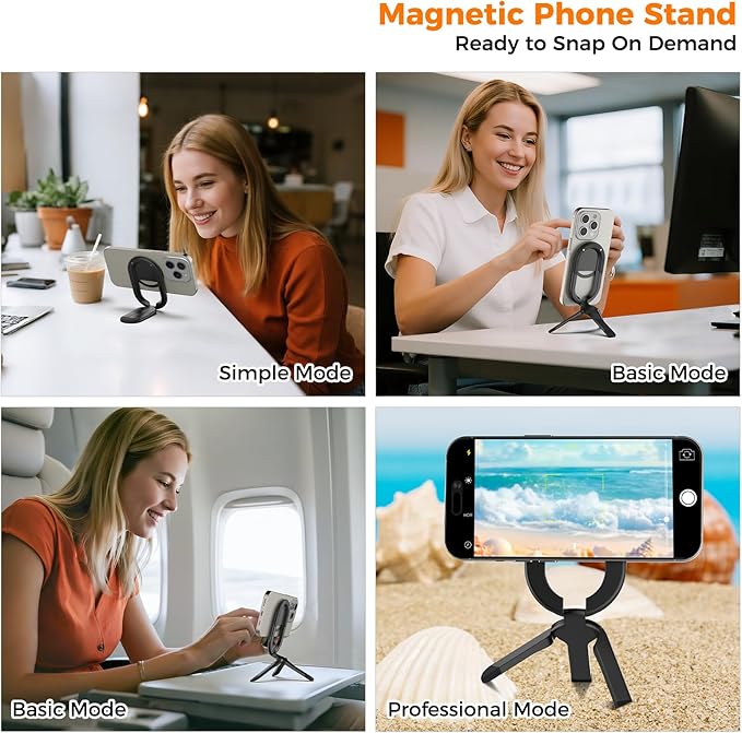 [2025 New] FUVALY Magnetic Phone Grip for MagSafe Phone Tripods 4-in-1 Desk Stand, Phone Ring Holder for iPhone 17/16/15/14 Pro&Android (Black)