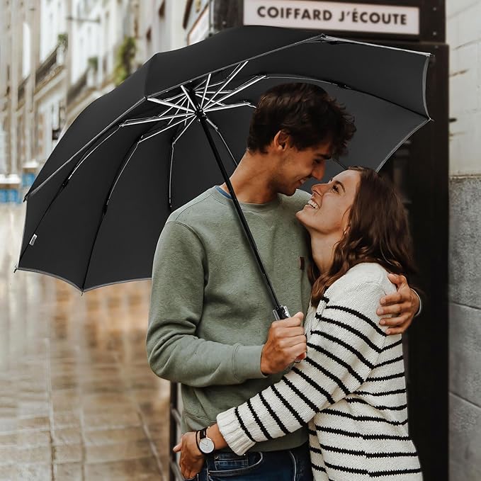Lejorain Golf Large Inverted Umbrella - Black Big Windproof Heavy Duty Upside Down 46/50/54 Inch Compact Reverse Car Automatic Folding Reflective Umbrella