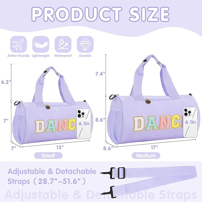 Dance Ballet Bag for Girls, Personalized Sport Gym Workout Toddler Duffel Bag Small Cheer Dance Bags, Cute Chenille Letter Waterproof Duffel Bags Gifts for Teens Girl Dancers Athletes(Purple)