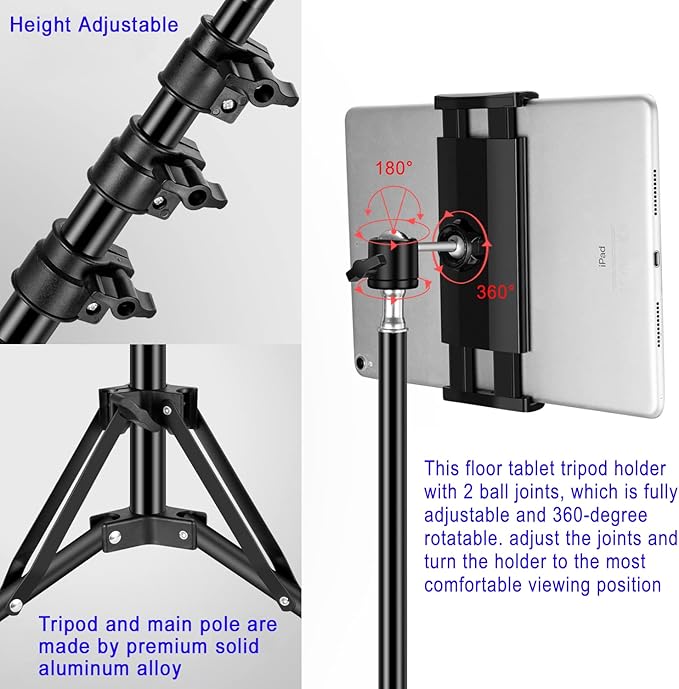 Ipad Tripod Stand, with 65 inch Height Adjustable iPad Stand Holder & iPad Floor Stand with 360° Rotating iPad Tripod Mount for iPad Pro, iPhone, Kindle, and All 4.5-12.9 Inch Tablets