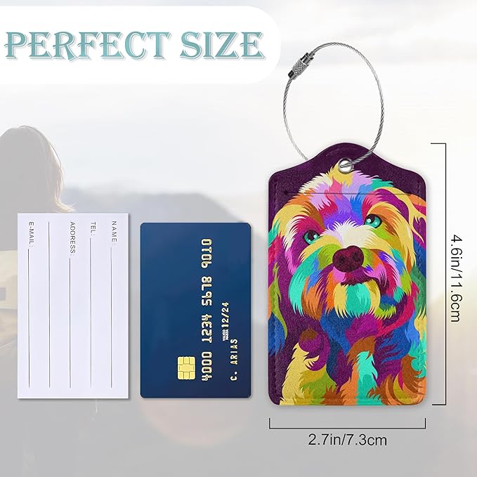 Luggage Tags for Suitcase,2 Pack Colorful Dog Abstract Luggage Tag PU Leather Privacy Cover ID Label with Stainless Steel Loop for Women Men Teens Travel