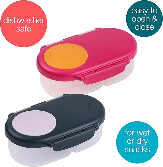 b.box Snack Box 2 Pack - Leak Proof Mini Bento Box for Kids & Toddlers, 2 Compartment Snack Containers for Kids, Dishwasher Safe, BPA Free, PFAS Free, Ages 4m+, 1 3/4 Cup Each (Strawberry + Indigo)