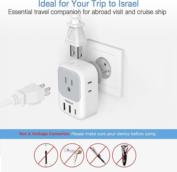 TESSAN Israel Power Adapter, US to Israel Plug Adapter with 4 American Outlets 3 USB Charger (1 USB C Port), Type H Travel Adaptor for USA to Jerusalem