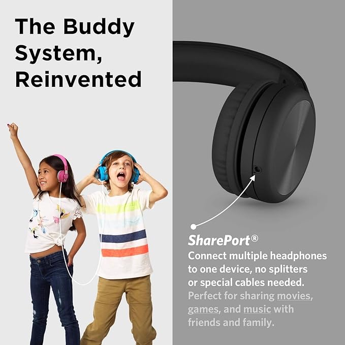 LilGadgets Connect+ Pro Wired Kids Headphones for School with Microphone, Volume Limiting Over-Ear Headset with Cord, SharePort Technology & SoftTouch Padding, Black