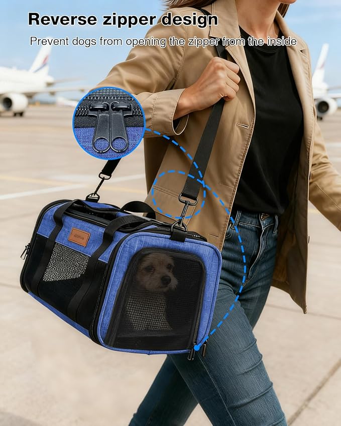 Dog Carrier Airline Approved - 17"×11"×9.5", Underseat, Under 10 lb, Top & Side Entry, Soft Sided Pet Carrier with Anti-Scratch Mesh for Small Dogs - Ideal for Travel and Vet Visit - Blue