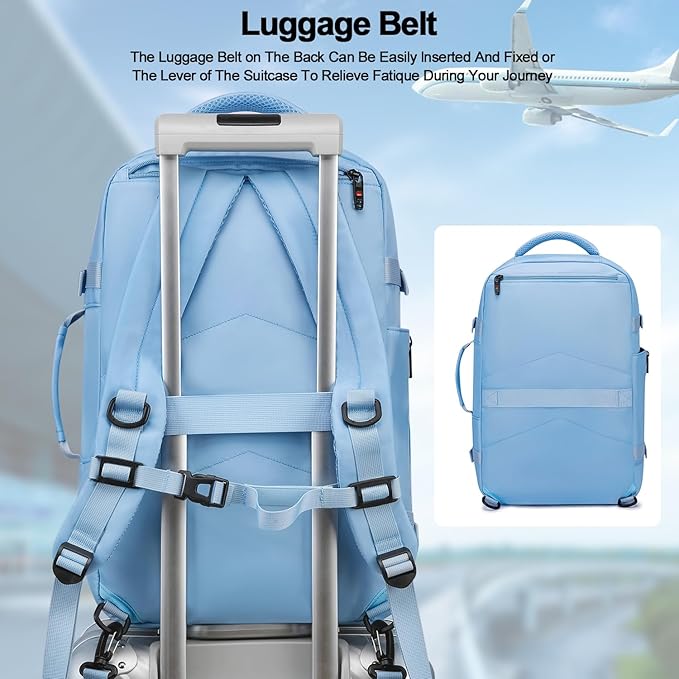 Asenlin 40L Travel Backpack for Women Men，17 Inch Laptop Backpack Flight Approved Luggage Carry On Water Resistant for Weekender Overnight Large Daypack Light Blue