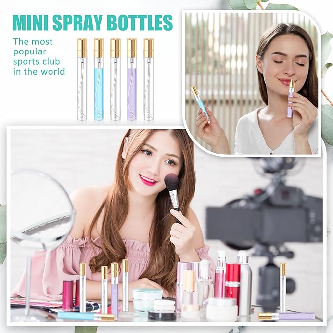 Zhehao 75 Pcs Mini Spray Bottles 10 ml Clear Glass Perfume Bottles Refillable Fine Mist Perfume Atomizer Portable Empty Sample Containers for Cleaning, Essential Oils, Travel (Gold Cap)
