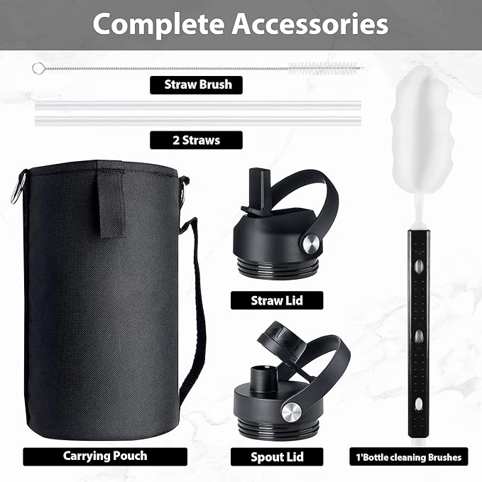 Water Bottle with 2 Lids, One Gallon Double Wall Vacuum Insulated Stainless Steel Water Jug