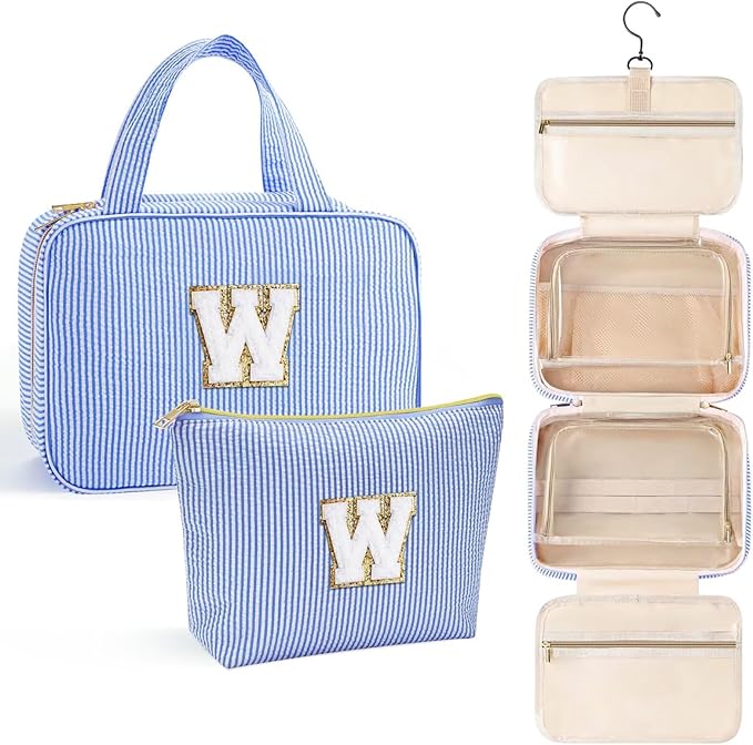 YOOLIFE Hanging Toiletry Bag for Women - Travel Toiletry Bag Makeup Bag, Portable Toiletries Cosmetic Bag, Airplane Travel Essentials - Letter W, Blue