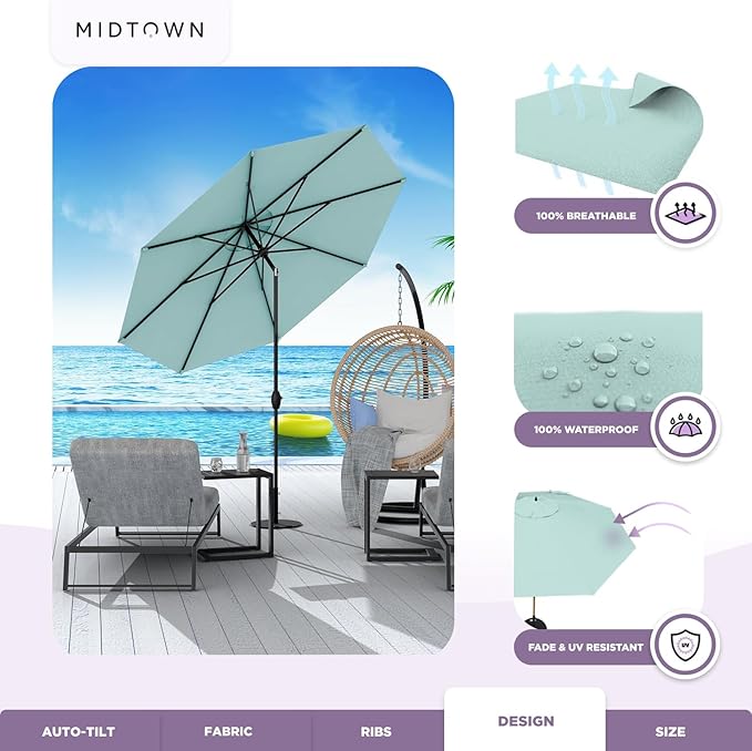 Midtown Umbrellas 10-Year-No-Fade - 6 Ft - UV Proof Aqua Polyester Fabric - Umbrella Outdoor Patio, Auto-Tilt Aluminum Frame Large Patio Umbrella for Garden, Pool & Deck - Black Pole