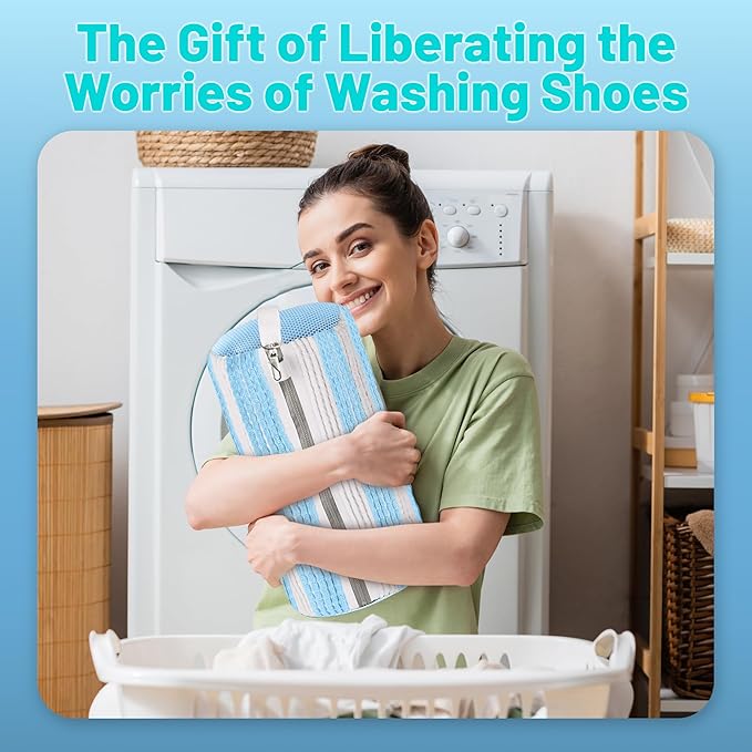 XXL Shoe Washing Machine Bag, Laundry Shoe Bag for Washer and Dryer, Laundry Shoe Bag Protect Sneaker, Running Shoes, Bras, Delicates and Toys, Includes 2 Shoes (BlueWhiteAlternating 2 Pack)