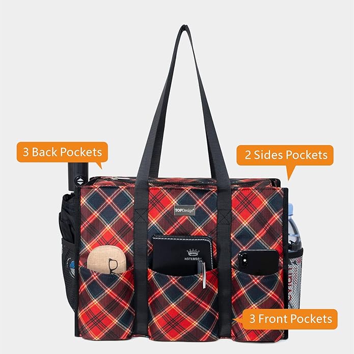 TOPDesign Utility Water Resistant Tote Bag with 13 Pockets, Top Zipper Closure & Thick Bottom Support, for Working Women