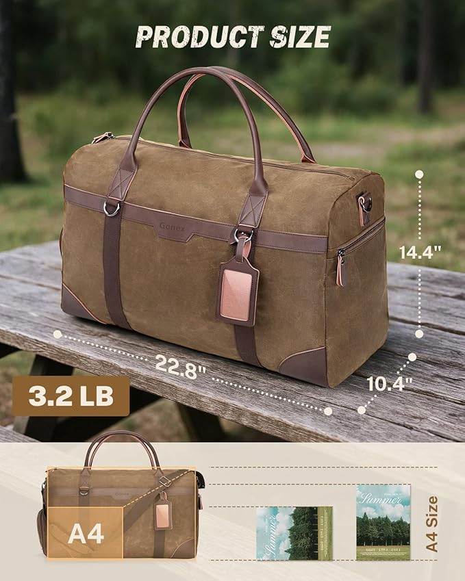 Gonex Waxed Canvas Duffle Bag for Travel, Water-resistant Vintage 55L Duffel Weekender with Shoes Compartment & Luggage Tag, Heavy-duty Overnight Bag with Suitcase Handle Sleeve for Men, Dark Brown