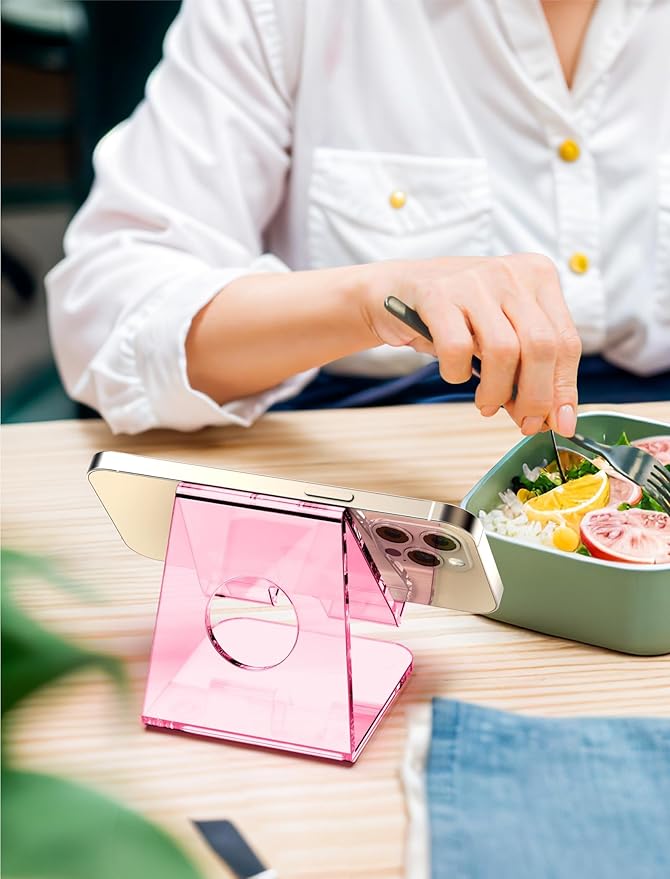 TOPGO Acrylic Cell Phone Stand, Clear Phone Holder for Office Desk, Vanity, Kitchen Counter, Bedside Table, Compatible with iPhone 17 16 15 14 13 12 Pro Max Plus/Smartphones/iPad/Switch/Kindle(Pink)