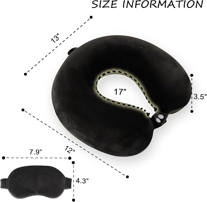 Sexysamba Pure Memory Foam Travel Pillow Set for Adults - Comfortable & Removable Machine Washable Cover, Neck Support Pillow Airplane Travel Kit with Eye Mask for Portable Plane Accessories - Black