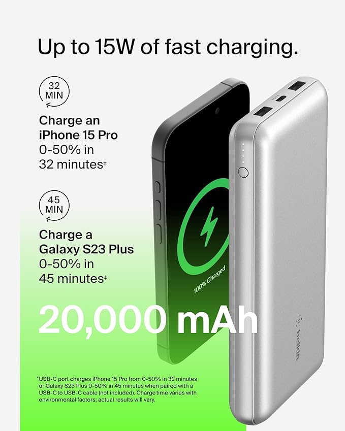 Belkin Portable Charger, USB-C Power Bank 20000 mAh w/ 1xUSB-C Port & 2xUSB-A Ports, 15W w/Type-C to Type-A Cable for iPhone 17, Samsung Galaxy S25, Nintendo Switch 2, Google Pixel 10, etc. - Silver