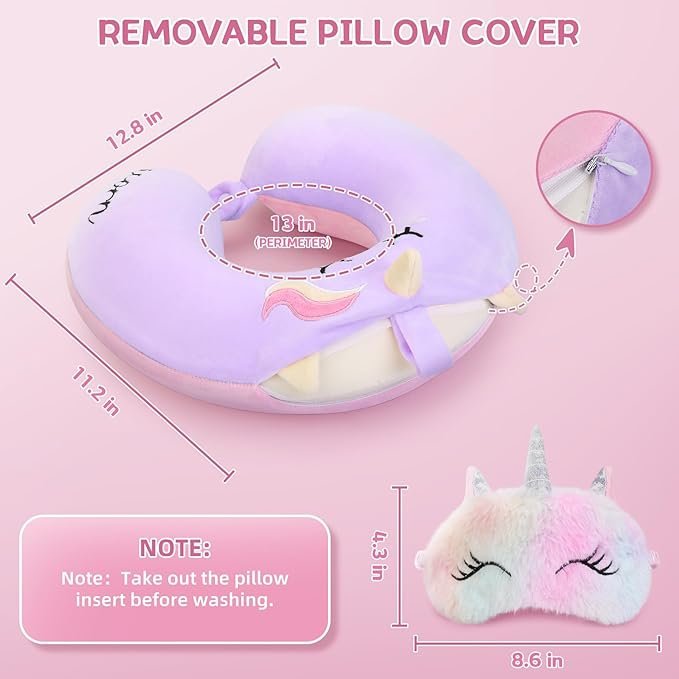 Kids Neck Pillow for Traveling, Unicorn Kids Travel Pillow with Eye Mask, Toddler Travel Essentials for Road Trip Airplane Flight Car Seat, Cute Cartoon Headrest Memory Foam Pillows Gift for Girl Boy