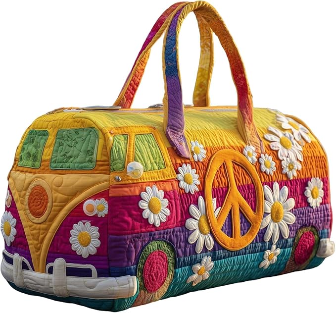 Hippie Journey Quilted Duffel Bag Hippie Van Travel Duffel Bag Vintage Floral Weekender Overnight Bags Women Gym Bags