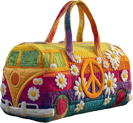 Hippie Journey Quilted Duffel Bag Hippie Van Travel Duffel Bag Vintage Floral Weekender Overnight Bags Women Gym Bags
