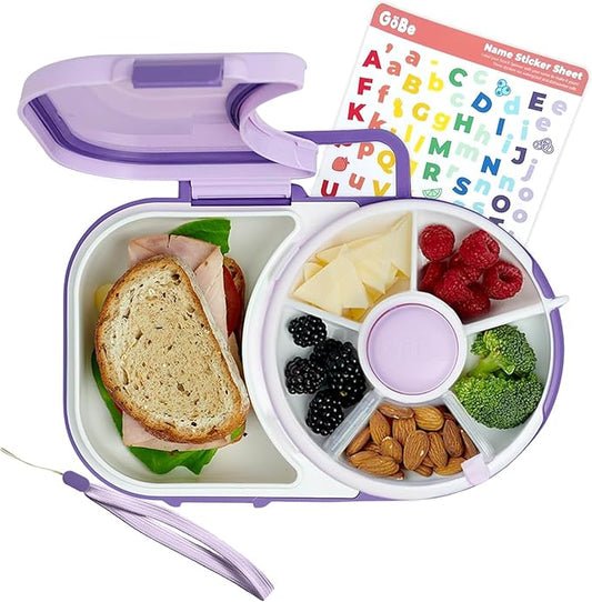 GoBe Kids Lunchbox with Small Snack Spinner Flip - Bundle with Hand Strap & Sticker Sheet, 2-in-1 Bento Style Lunch Container, 5 Small +1 Large Sandwich Compartment, BPA & PVC Free - Taro Purple