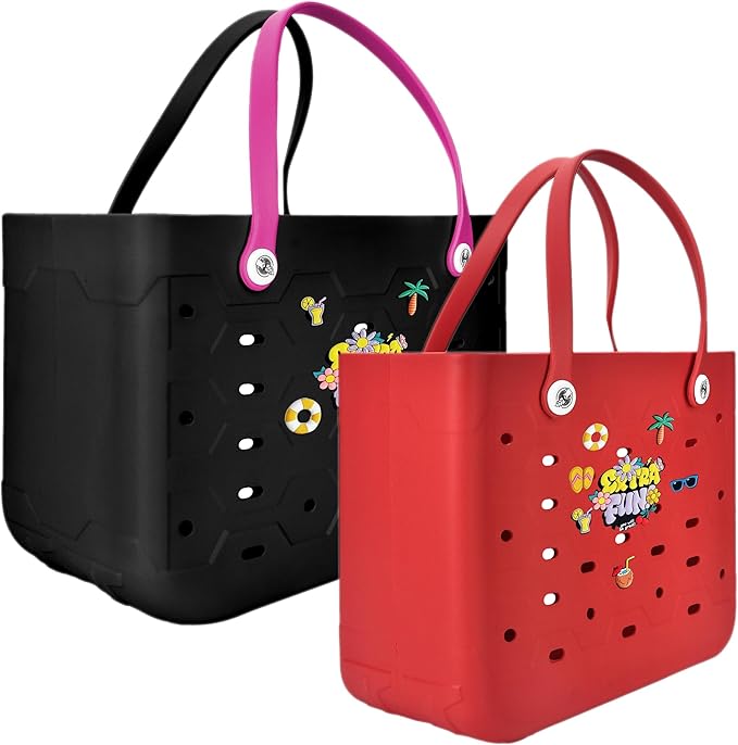 2-Piece Tote Bag Set, Waterproof Rubber Beach Bag with Summer Pattern, Medium & Large Handbag for Pool, Beach, Boat