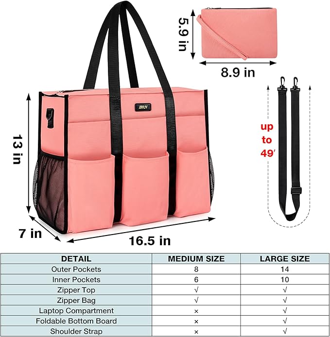 IBFUN Utility Tote Bag with 14/24 Pockets Zip Top Teacher Tote Bag for Teacher/Work Women