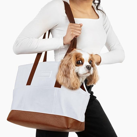 Faux Leather Dog Carrier for Small Dogs, Water-Resistant Designer Dog Purse with Safety Harness, Fashion Pet Carrier for Dogs 5-15 lbs, Luxury Dog Shoulder Carrier, White
