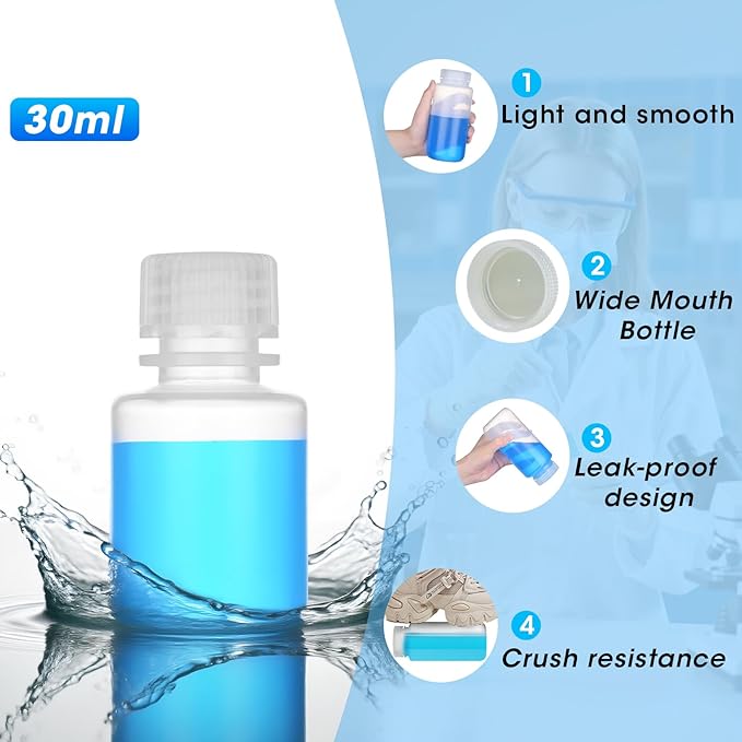 1oz/30ml Plastic Sample Bottles with caps, Wide Mouth Reagent Bottle with Lids Leak Proof Containers Water Sample Bottles for Laboratories, Travel(5Pcs)