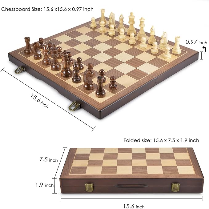 AMEROUS Magnetic Wooden Chess and Checkers Game Set, 15 Inches (2 in 1) Chess Board Games, 2 Extra Queens - Gift Package - Game Pieces Storage Slots, Beginner Chess Set for Kids, Adults