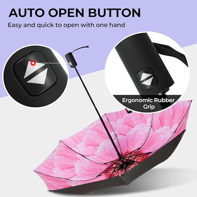 LLanxiry Compact Travel Umbrella, 44" Canopy, Automatic Open/Close Windproof Umbrella, 210T Pongee, 8-Rib Fiberglass, Travel Size Mini, Portable Rain/Sun Umbrellas UPF 50+ with Cover