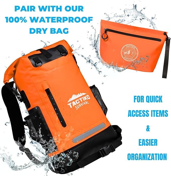Tactiko 3L Water Resistant Pouch - Waterproof Material w/Splashproof Zipper - Hold All Zipper Bag for Storage, Toiletries, Travel, Beach, Cruise, Home (Orange)