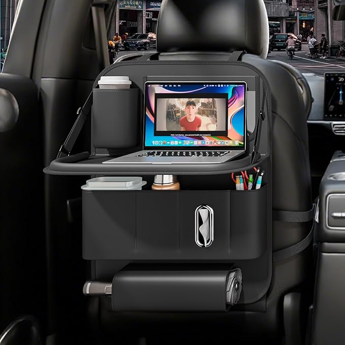 GMQ Backseat Car Organizer with Tray 1 Pack,Car Backseat Organizer with Foldable Table for Kids,Multifunctional Seat Back Organizer with Storage Pockets Car Storage Organizer (Black)