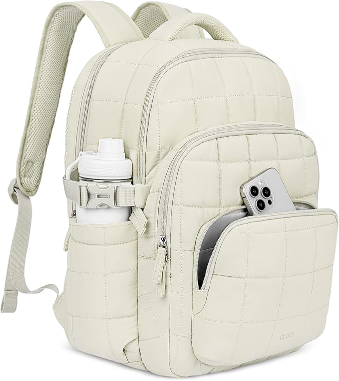 CLUCI 17.3 Inch Laptop Backpack for Women, Anti Theft Travel Backpack, Puffer Quilted Work Backpack, Water Resistant College Bookbag, Carry on backpack with RFID (Beige)